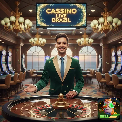 Homem sorridente no cassino eell, com mesas de jogos ao fundo.