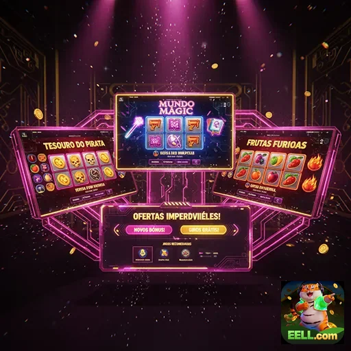 Exibição de slots do cassino eell, incluindo 'Mundo Magic'.