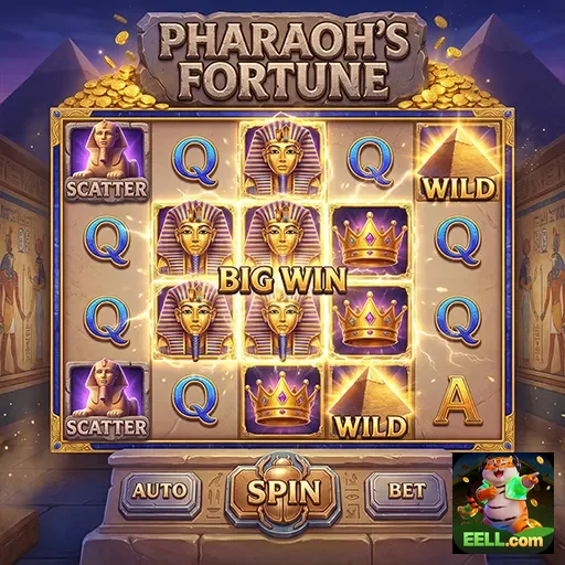 Tela do jogo Pharaoh's Fortune no site eell com símbolos e ganhos destacados.
