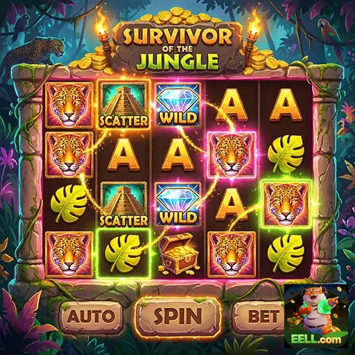 Caça-níqueis 'Survivor of the Jungle' no eell, com símbolos VIP.