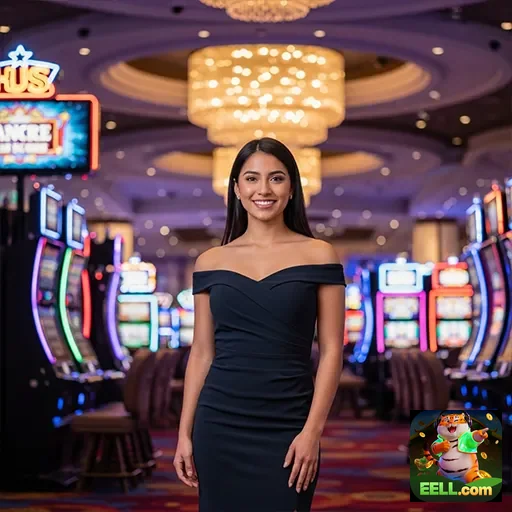 Uma mulher em um cassino exibindo o site eell.