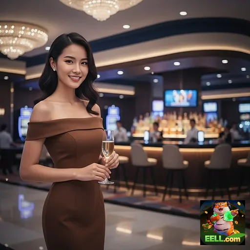 Jogadora VIP da eell em ambiente elegante de cassino.